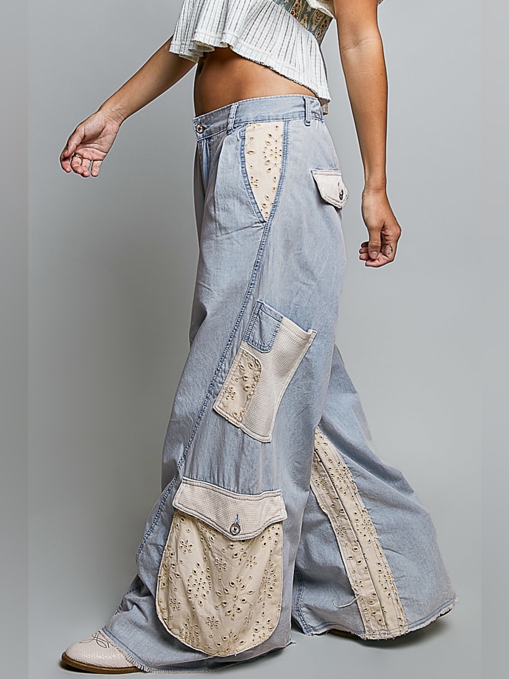 POL Cream jeans boho patchwork pocket Light Blue Patchwork Wide-Leg cargo Jeans - Picture 3 of 6